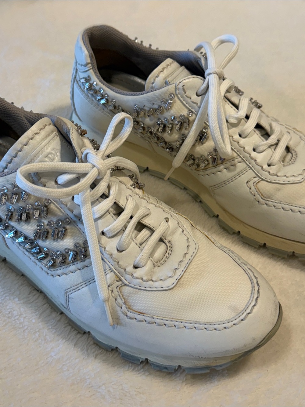 Prada White Crystal-Accent Lace-Up Sneakers